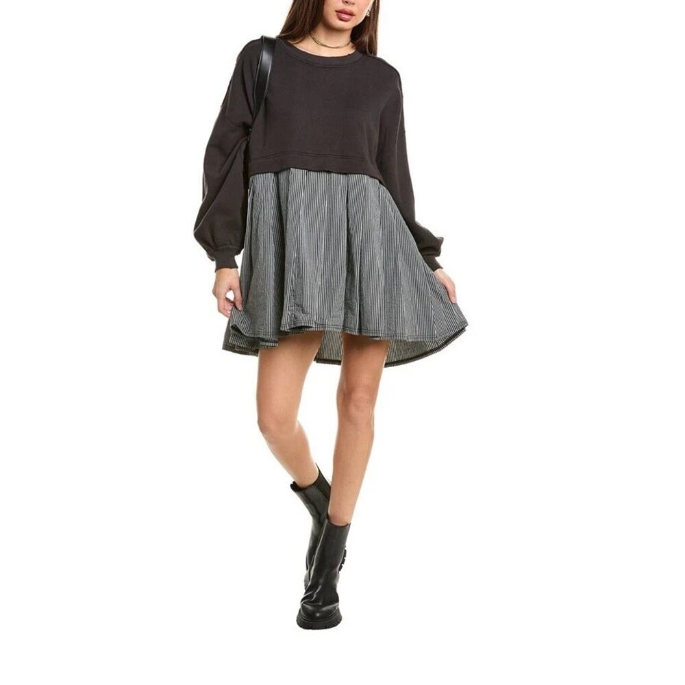 Free People Eleanor Sweatshirt Tunic Dress Black Oversized Cotton Striped XL NEW - Picture 2 of 3